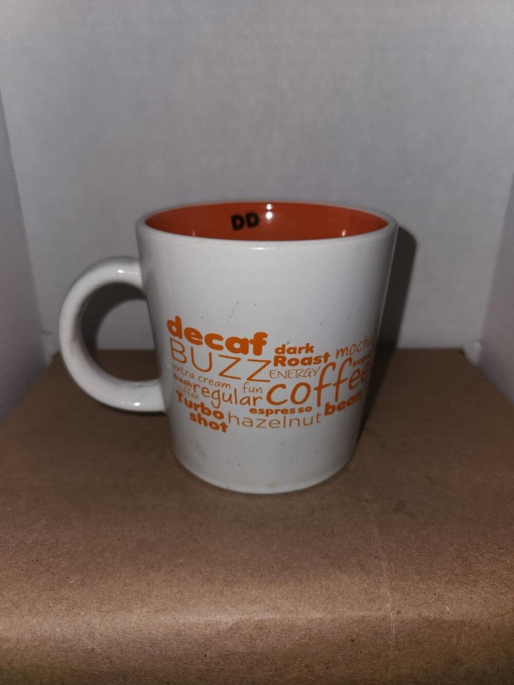 Dunkin' Donuts 2011 Bakery Series Coffee Mug White Orange Buzzwords 12oz